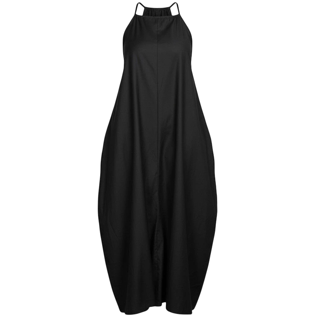 Shop Talaya black cotton sateen cocoon shape maxi dress with halter neck and pockets.