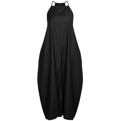 Shop Talaya black cotton sateen cocoon shape maxi dress with halter neck and pockets.