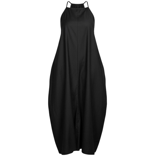 Shop Talaya black cotton sateen cocoon shape maxi dress with halter neck and pockets.
