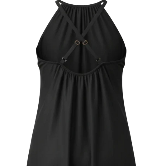Shop Talaya black cotton sateen dress with crisscross straps and a deep V-back, featuring a center back zipper and pockets.