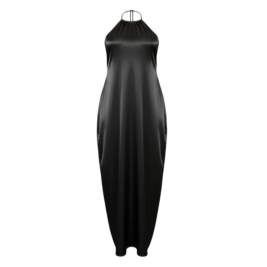 Shop Talaya teal satin cocoon maxi dress with halter neck and side pockets. Elegant, high-sheen fabric.