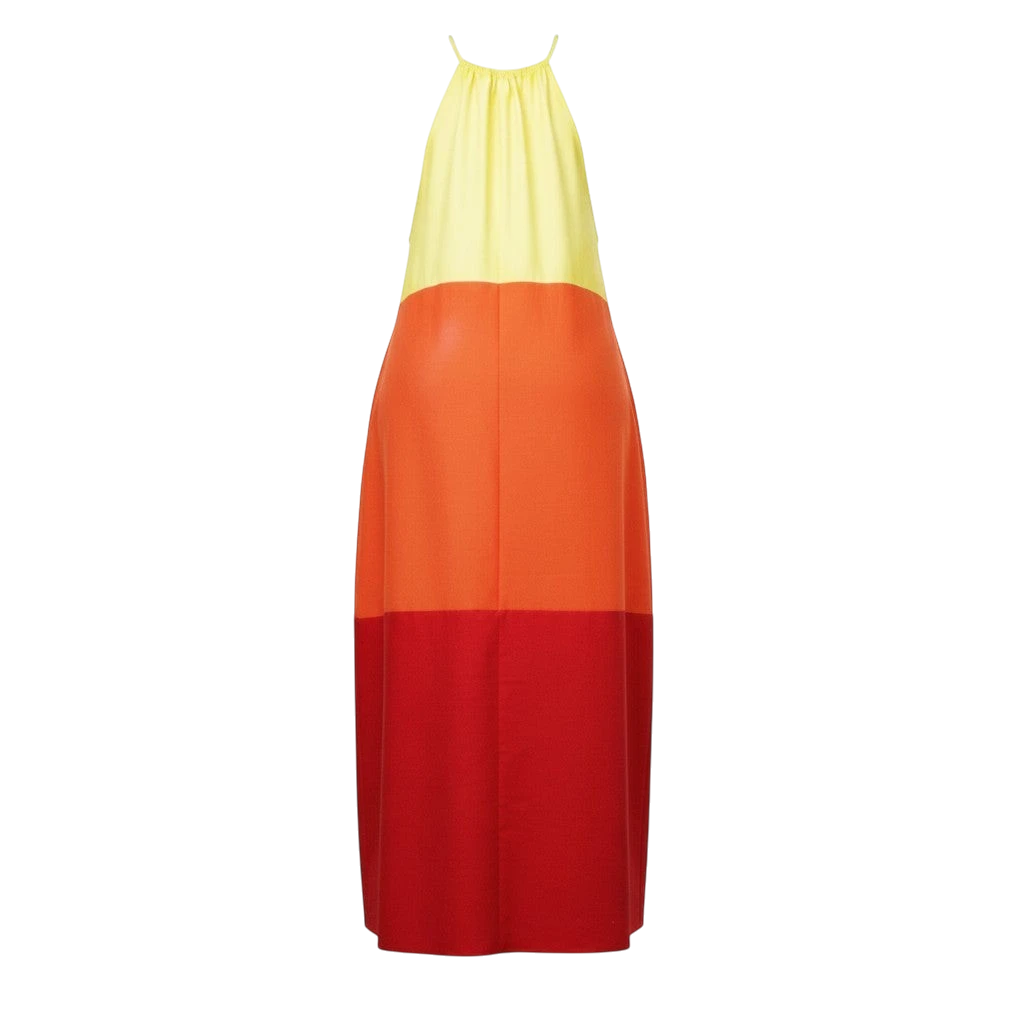 Shop Talaya tri-color maxi dress in yellow, orange, and red cotton sateen with self-tie straps and side pockets.