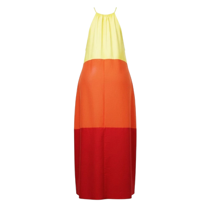 Shop Talaya tri-color maxi dress in yellow, orange, and red cotton sateen with self-tie straps and side pockets.