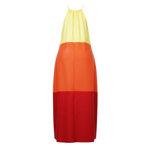 Shop Talaya tri-color maxi dress in yellow, orange, and red cotton sateen with self-tie straps and side pockets.